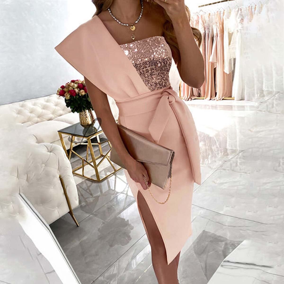 Women's Pink One-shoulder Design Sequin Patchwork Slim Slit Dress With Belt