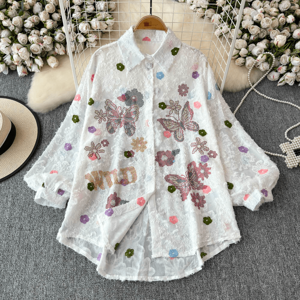 Women's Clothing Three Dimensional Embroidery Hot Diamond Lapel Long Sleeved Shirt For Women Spring New Style Fashionable Loose Slim Playful Top