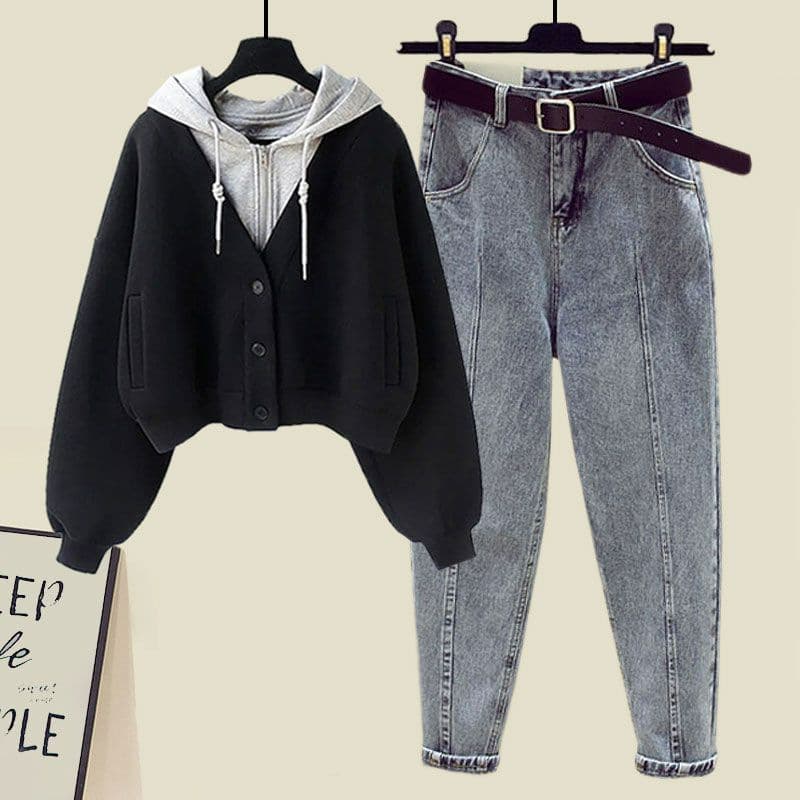 Women's Clothing Two Piece Hooded Sweatshirt Female Straight Jeans Trend
