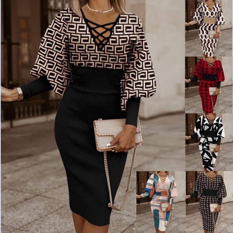 Women's Slim Waist Bodycon Dress V Neck Long Sleeved Autumn/Winter Fashion Casual