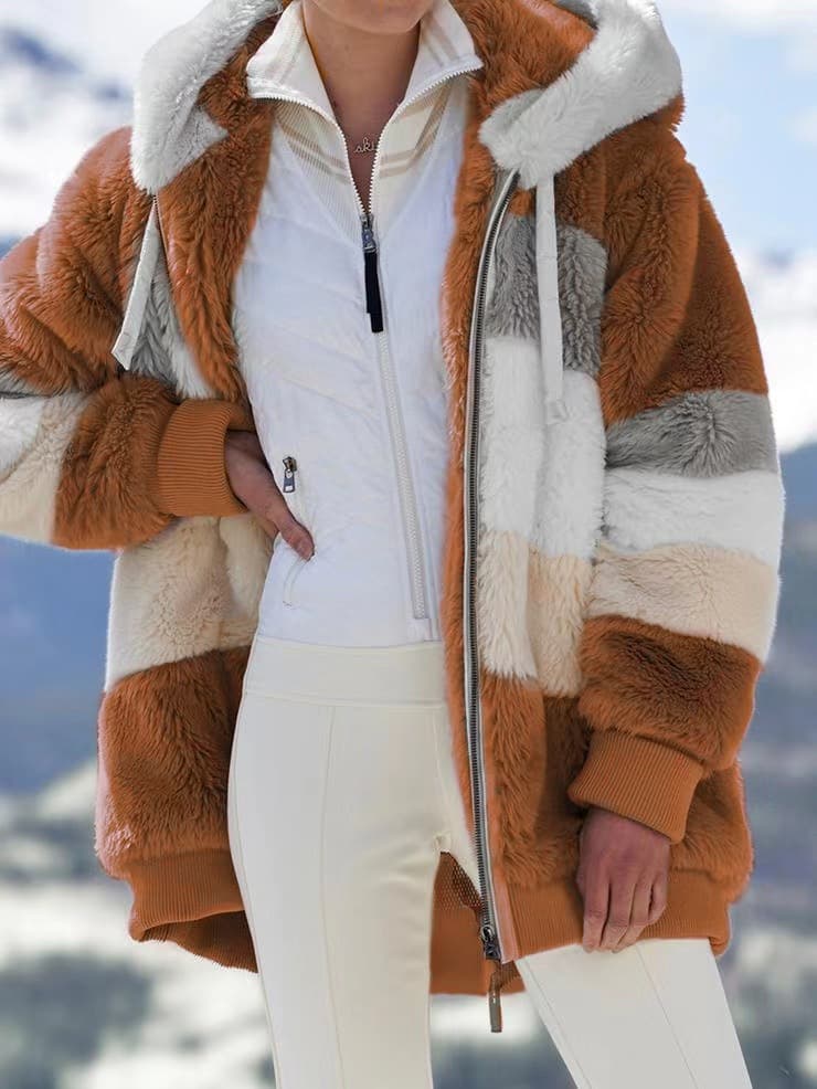 Autumn and winter warm plush patchwork zipper pocket hooded loose jacket for women