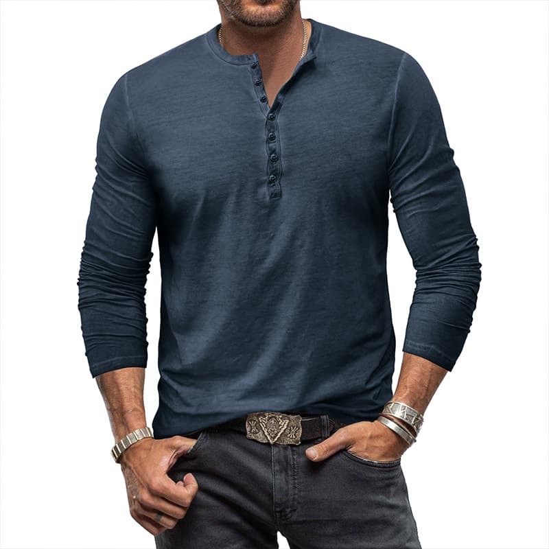 Men's cotton henley shirt long sleeve t-shirt button washed v-neck t-shirt top