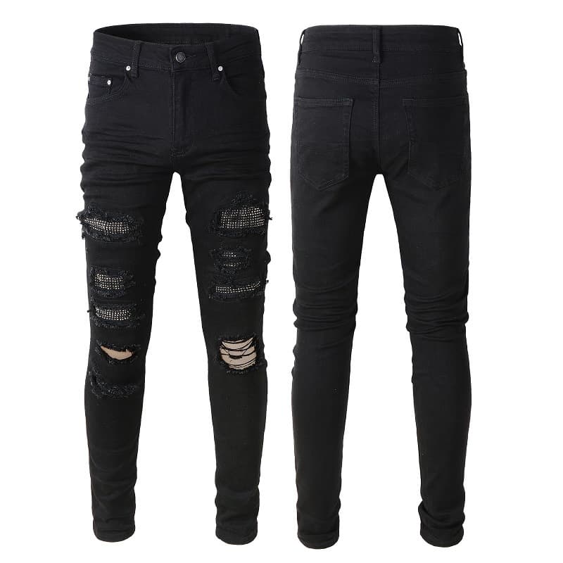 Men's Clothing American Style Ripped Jeans Men's Trendy Brand Trousers Diamond Studded Slim Black High Street Men's Trousers 565
