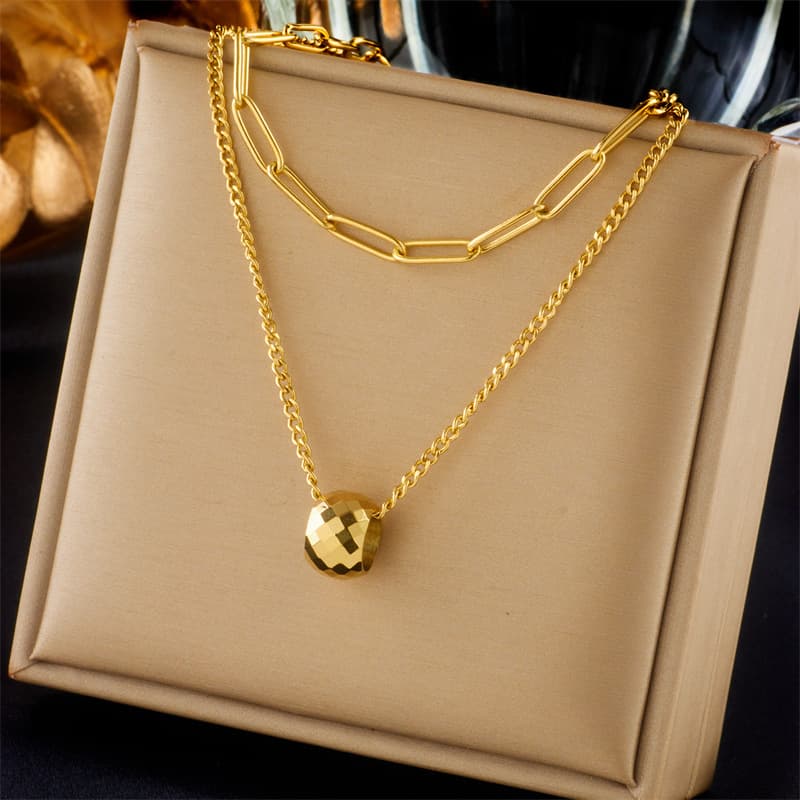 Simple light luxury advanced double layer stacking faceted round bead pendant chain titanium steel metal necklace