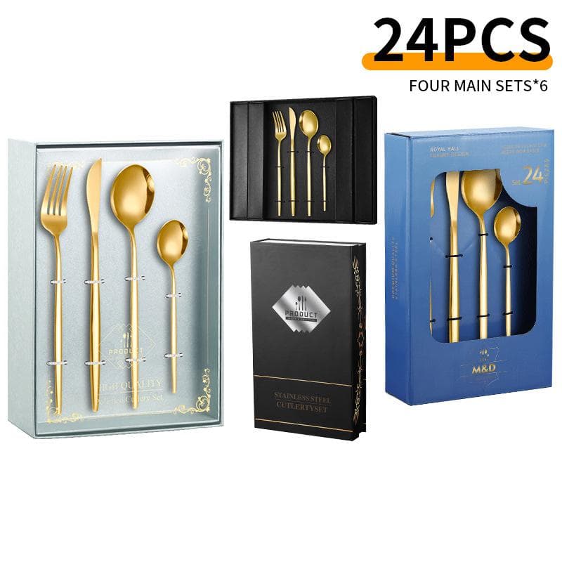 Premium 24-Piece Gold-Plated Stainless Steel Cutlery Set - Gift Box With Steak Knives Forks & Spoons