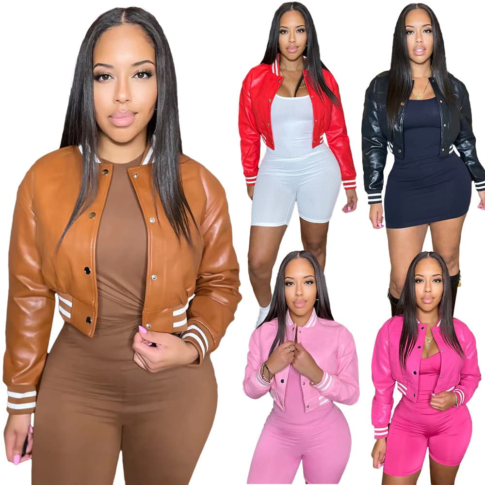 Women's Clothing Independent Site Autumn And Winter New Threaded Leather Sleeves Baseball Uniform Jacket Top