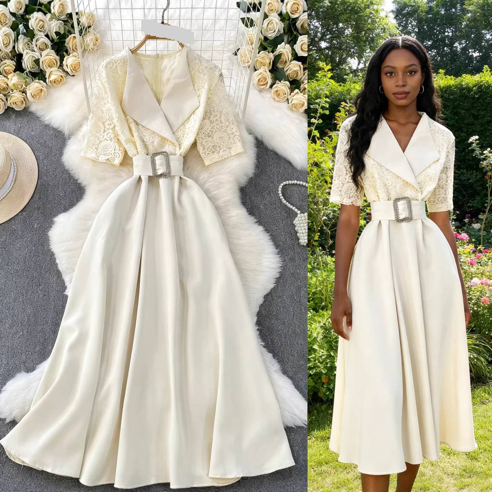 "Elegant Lace & Satin Long Dress – V-Neck Patchwork Design With Slimming Waist & Flowy Full Skirt"