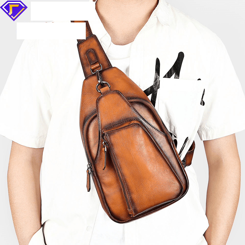 Retro Messenger Bag Genuine Leather Men's Chest Bag High Grade Hand Rubbed Chest Bag Men's Shoulder Bag
