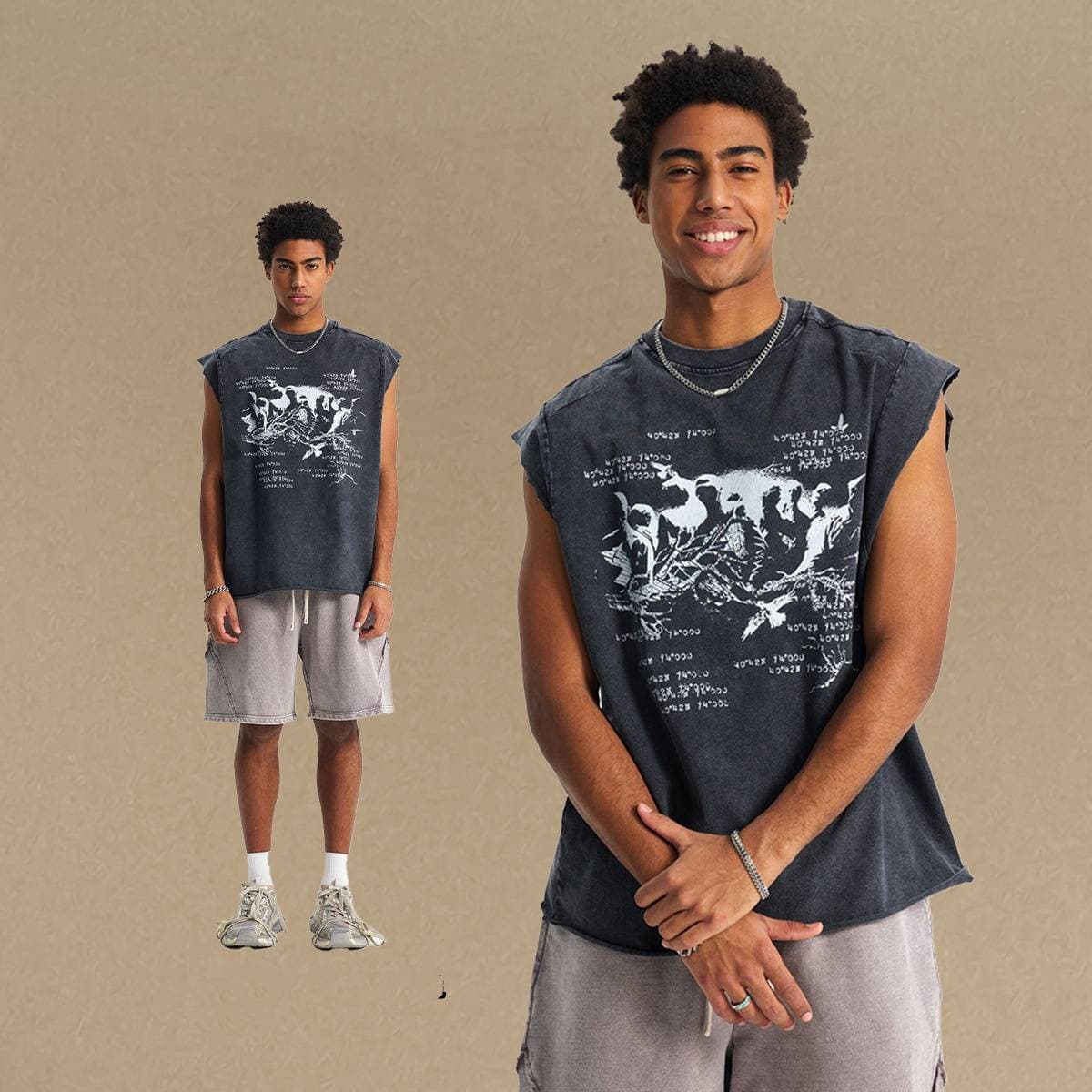 Clothing Fashion Men's Sleeveless Street Rock Washed Old Curled Hem Printed Vest