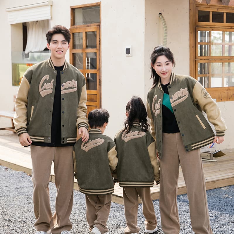 New Family Matching Baseball Jackets – Winter-Proof Suede-Lined Padded Coats (Father-Mother-Child Trio Set, Green/Black, Sizes 100-140cm & S-3XL)