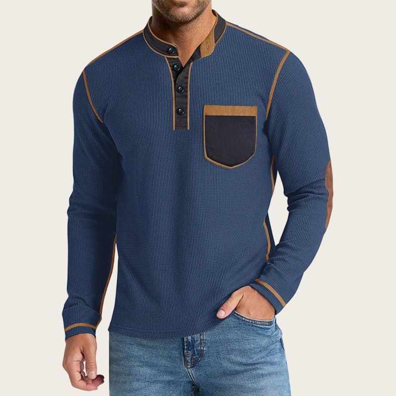 Men's Long Sleeve Henley Shirt – Premium Cotton Waffle Knit Thermal Undershirt – Vintage Style Stand Collar Base Layer (S-XXXL)