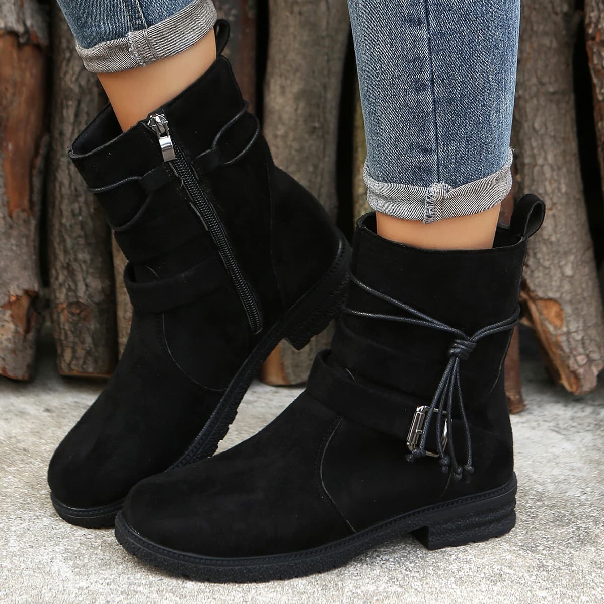 Foreign Trade Autumn Winter New Style Independent Station Round Toe Side Zipper Low Heel Large Size Short Flat Belt