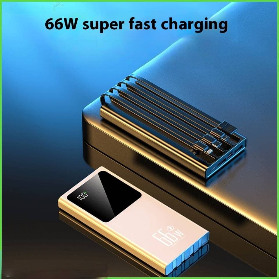 20000mAh 66W Super Fast Charging Power Bank With Built-in Cable, Dual USB Output, Digital Display, Portable External Battery For IPhone