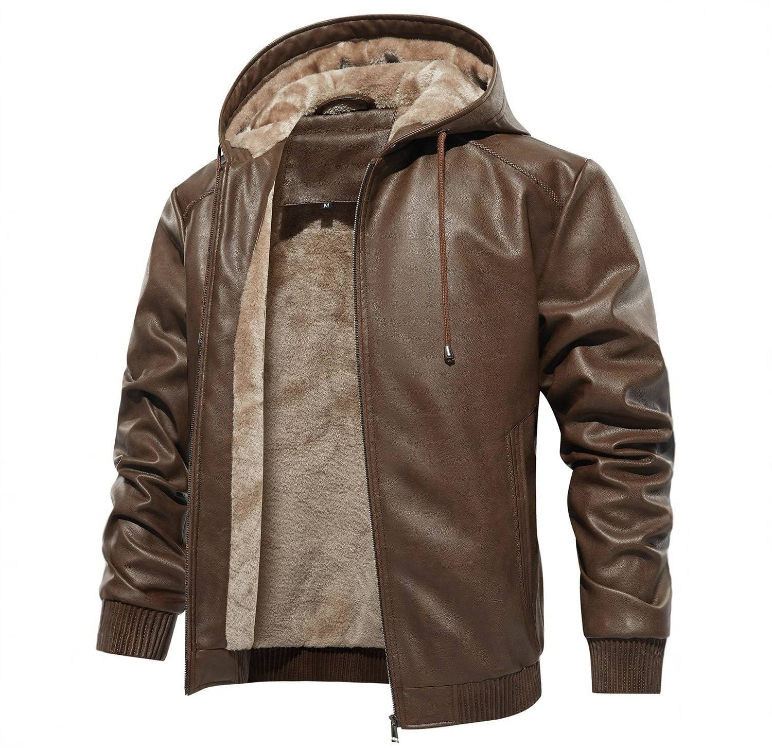 Men's Faux Leather Hooded Jacket – PU Coated Windbreaker, Warm Fleece Lined, Stylish Biker-Inspired Outerwear (S-XXXL, Dark Brown/Black/Red)