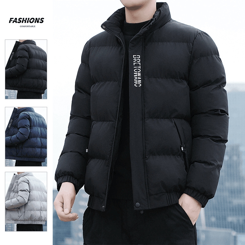 Men's fashion printed casual cotton-padded jacket with warm stand-up collar coat