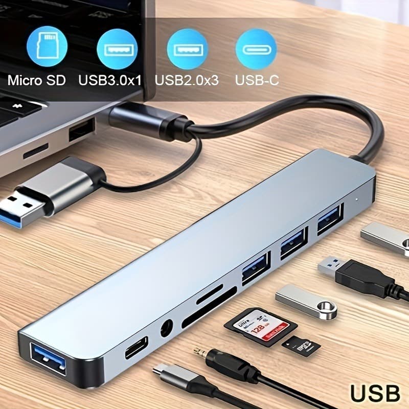 Space-Saving 8-in-1 USB Hub With Audio Jack, Multi-Port Adapter For Tablets, USB-Powered, 5V Operating Voltage, Compatible With Tablets