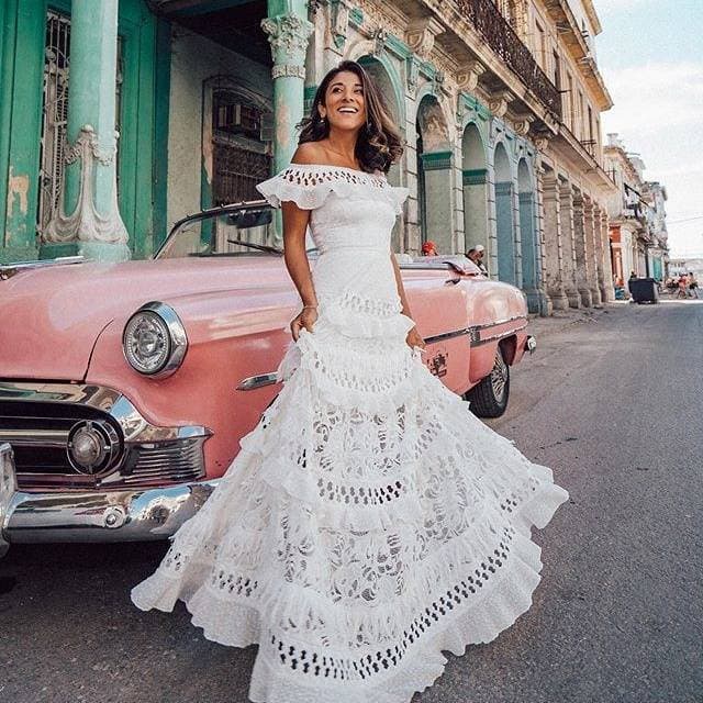 Women's Clothing One Shoulder Ruffled Hollow Large Swing Lace Dress Long Skirt