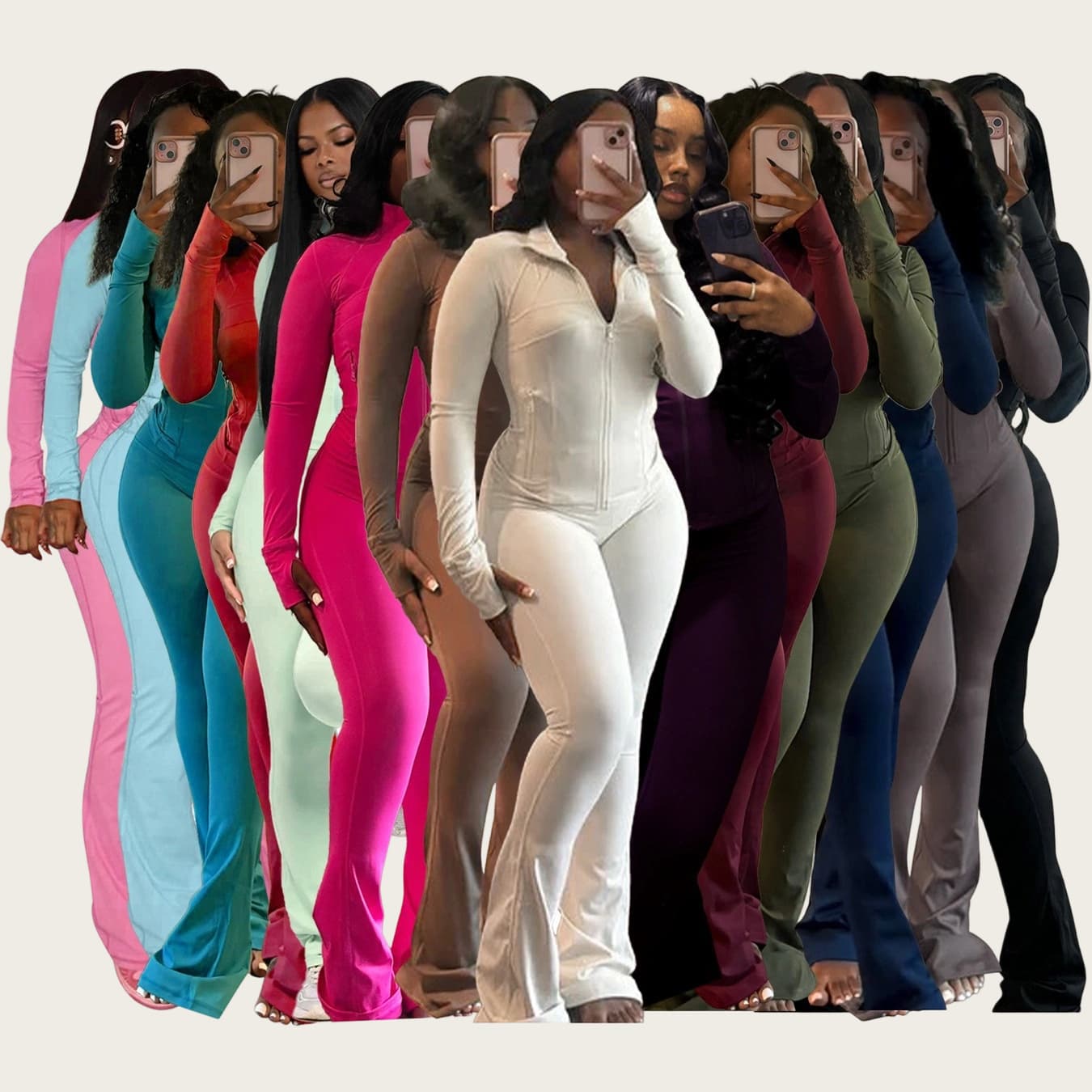 Women's Sexy Flared Pants Set – Stretchy Long-Sleeve Tracksuit (90% Polyester, Slim Fit, High Waist, Solid Colors, S-XXL, Workout & Streetwear)