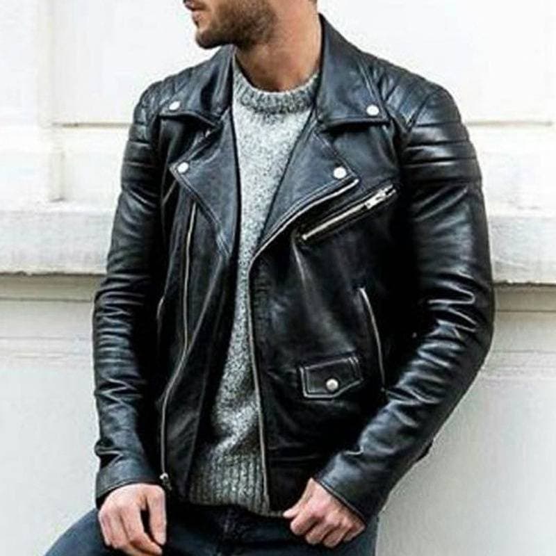 Men's Clothing PU leather jacket male teenager stand collar punk male motorcycle leather jacket