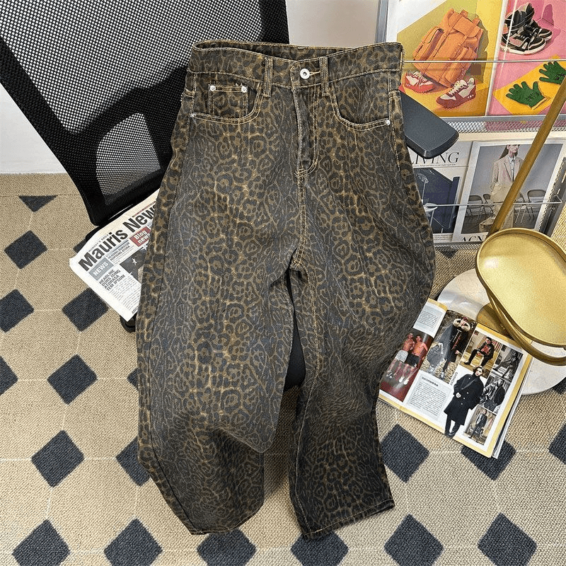 Jean ample et décontracté à imprimé léopard américain rétro pour homme, coupe droite, pantalon large, style urbain, tendance, automne-hiver