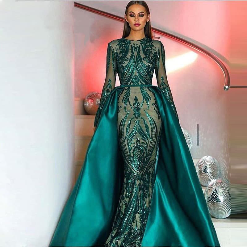 European And American Foreign Trade Evening Dress 2025 Spring And Summer New Green Dress Fishtail Long Sleeve Light Luxury Trailing Evening Dress Lace