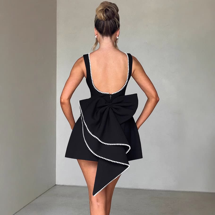Women's Clothing summer pearl bow fashion slim short skirt backless hot girl A line dress