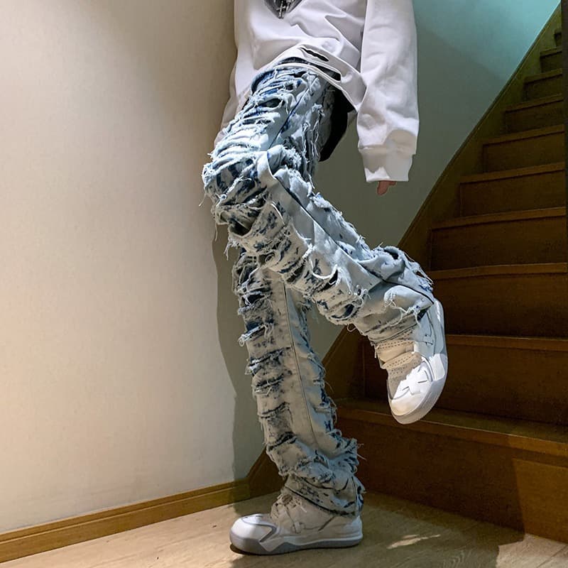 Men's Clothing 2025 New Street Erosion And Destruction Raw Edge Vintage Jeans Men's Trendy Straight Slim Slightly Flared Trousers Foreign Trade