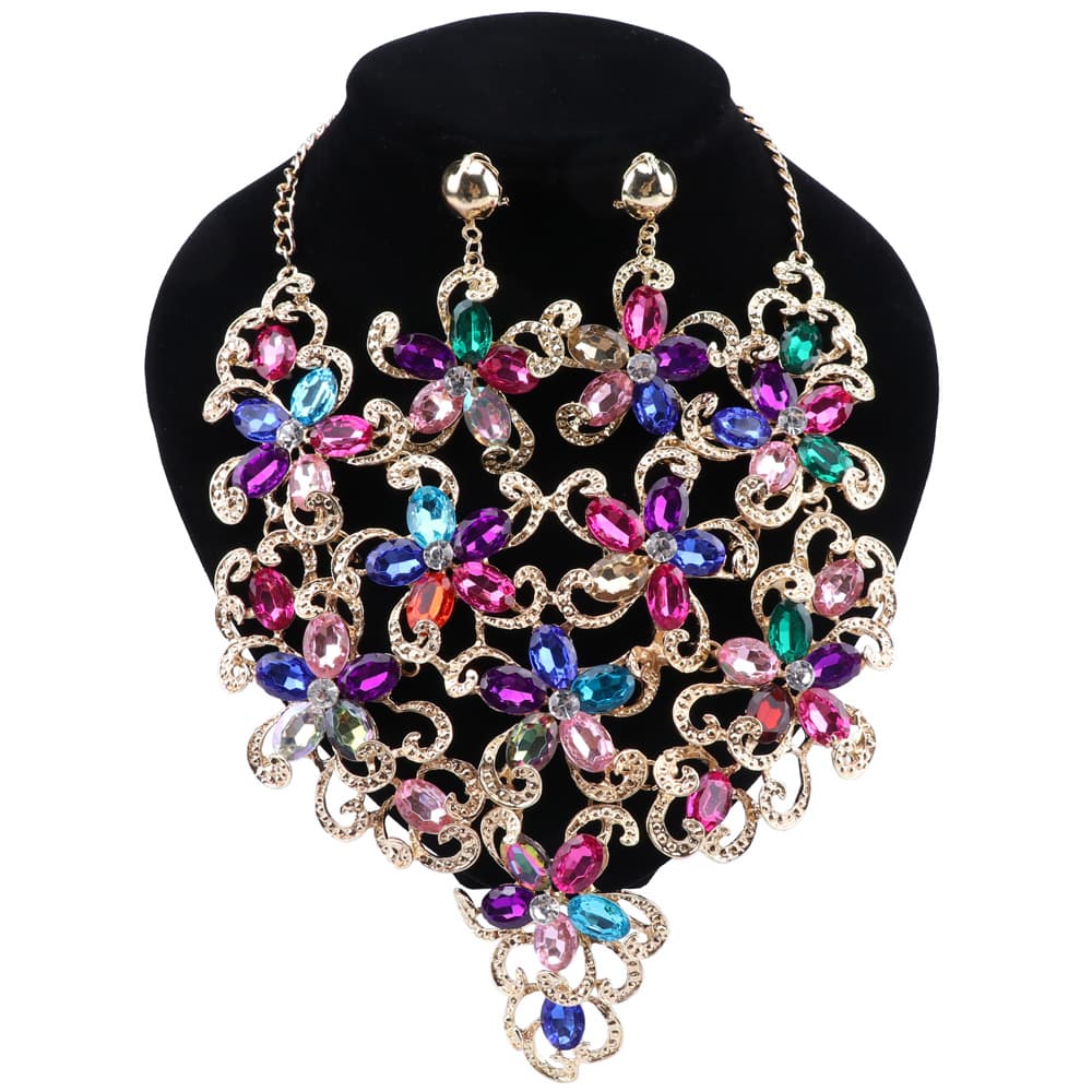 Women Accessories Wedding Bridal Gold Colorful Statement Crystal Flower Pendant Necklace Earring Party Jewelry Set