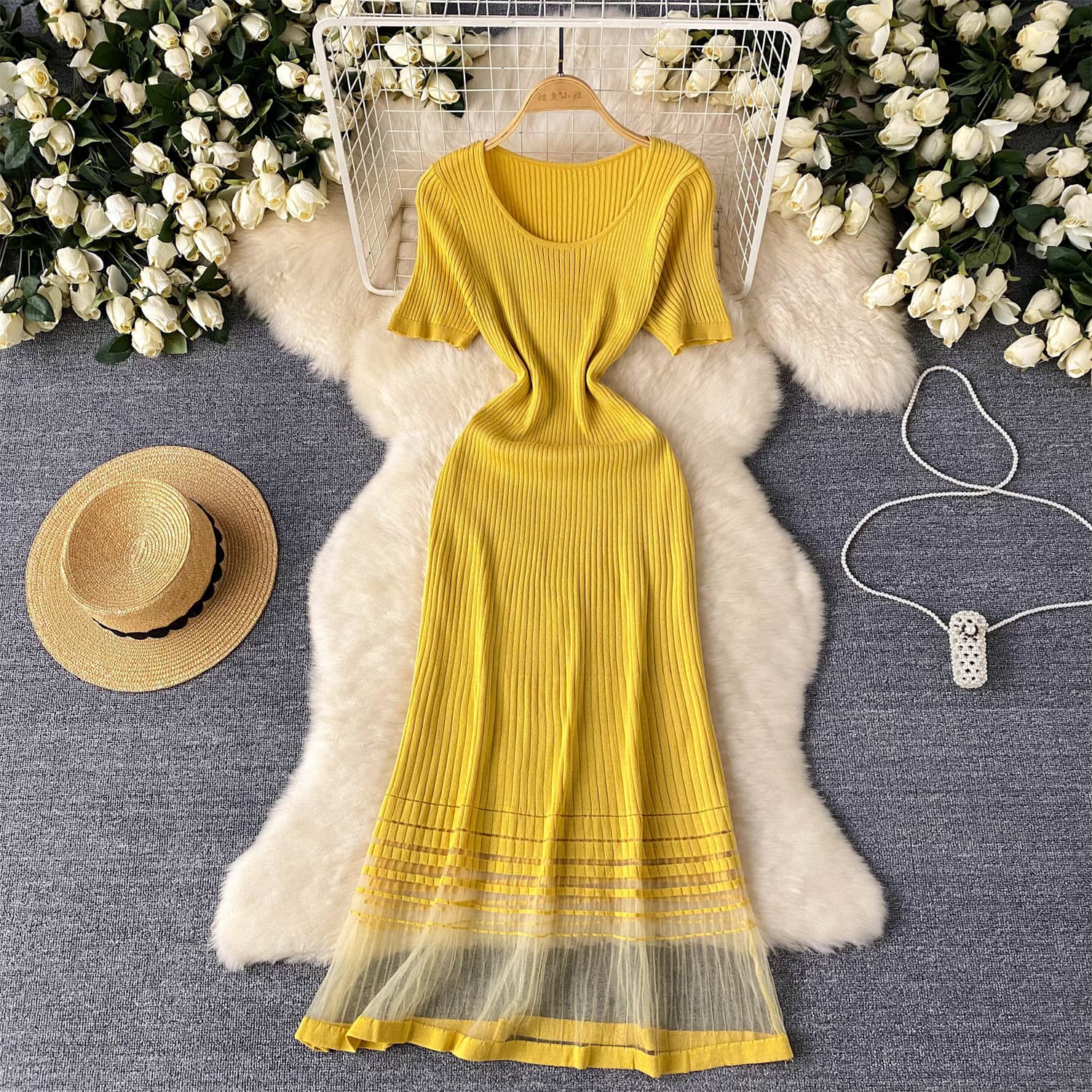 Women's light luxury high-end knitted dress for women in summer mesh splicing design niche celebrity temperament long dress