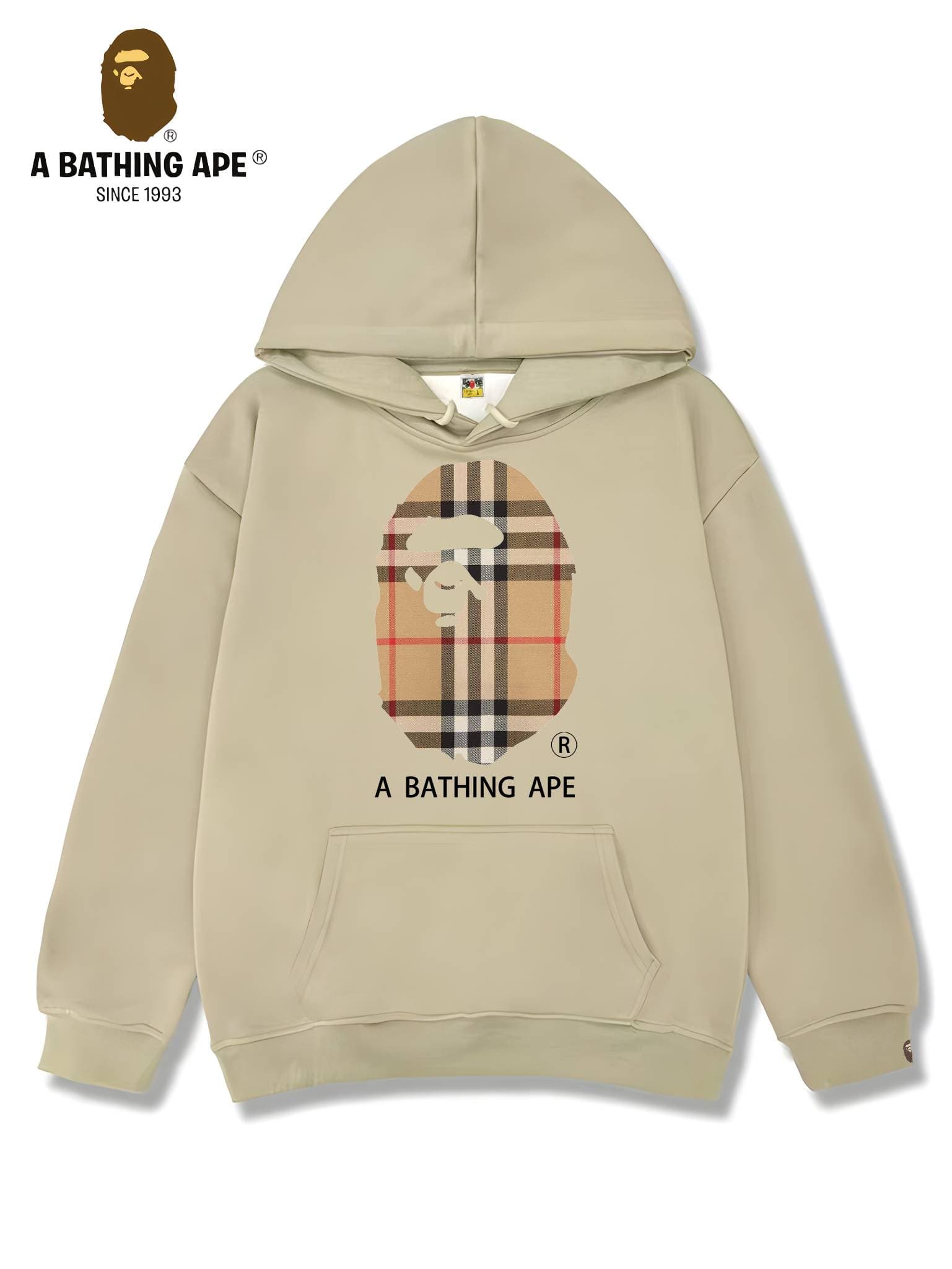 Sweat à capuche unisexe imprimé tête de singe à rayures et logo imprimé, collaboration BAPE-BAPE&BURBERRY