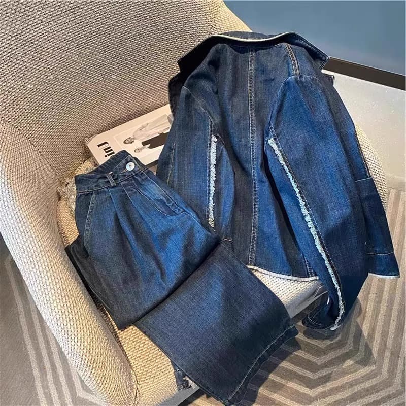 Ensemble complet en jean pour femme, haut de gamme, tendance, printemps et automne, nouveau style décontracté, pantalon large, tenue d'automne