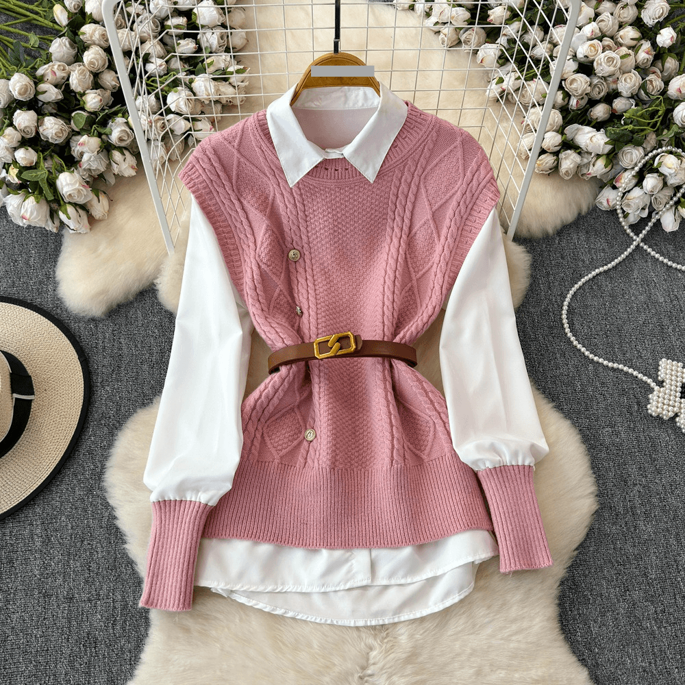 Women's Clothing Spring and Autumn New Shirt Tops Women's Sweater Suit Knitted Vest Vest Shirt Western Style Age Reducing Two piece Suit