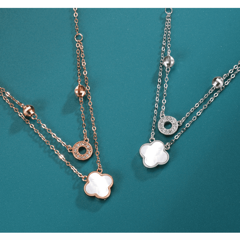 Double layer four leaf clover necklace for women, niche design, white mother of pearl pendant, internet celebrity accessories, girlfriend gift