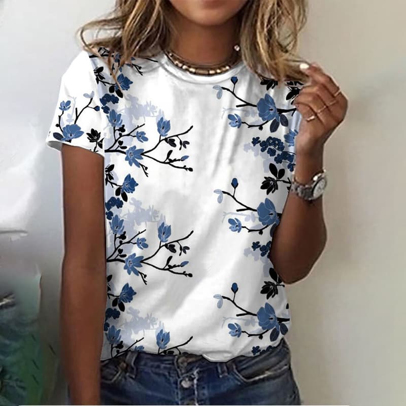 Women's Clothing Women's printed T-shirt with round neck and short sleeves in summer
