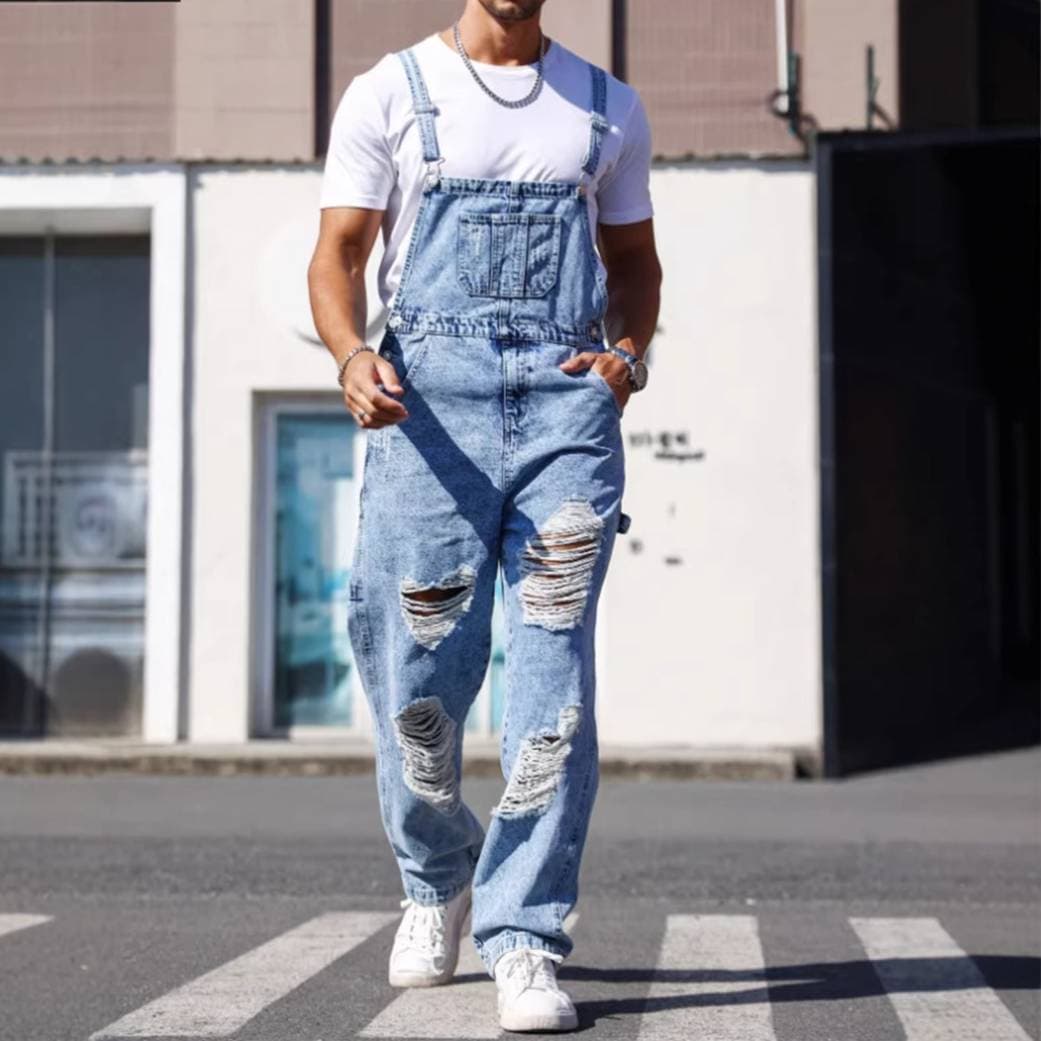 Men's Denim Overalls European And American Style Trendy High Street Ripped Jumpsuit