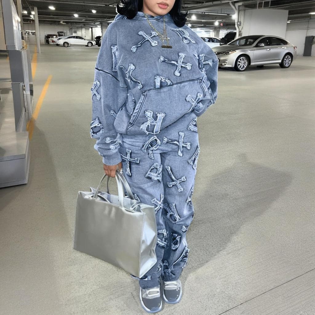 Women's Clothing Women's Printed Pocket Long-sleeved Sweatshirt 2-piece Set Trousers Suit