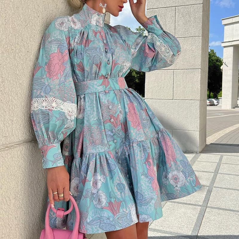Women's Clothing new fashion temperament large size women's high collar printed shirt dress