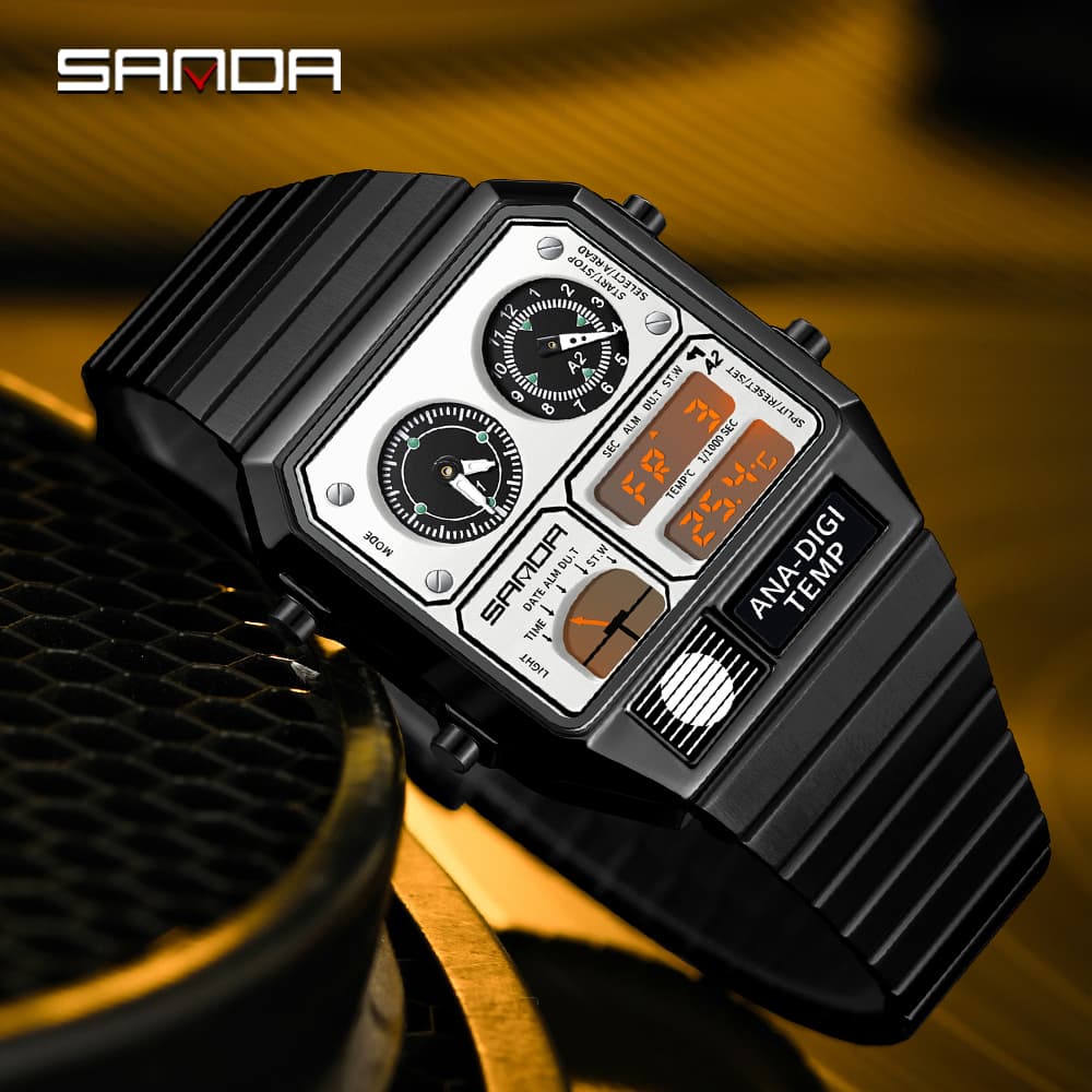 SANDA LED Electronic Square Men's Youth Casual Multi-function Thermometer Stopwatch Chronograph Men’s Watch