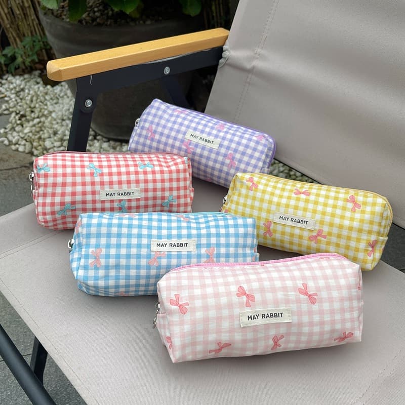 Begge Checkered Bow Makeup Bag - Large Capacity & Cute (Stylish Cosmetic Pouch For Girls)
