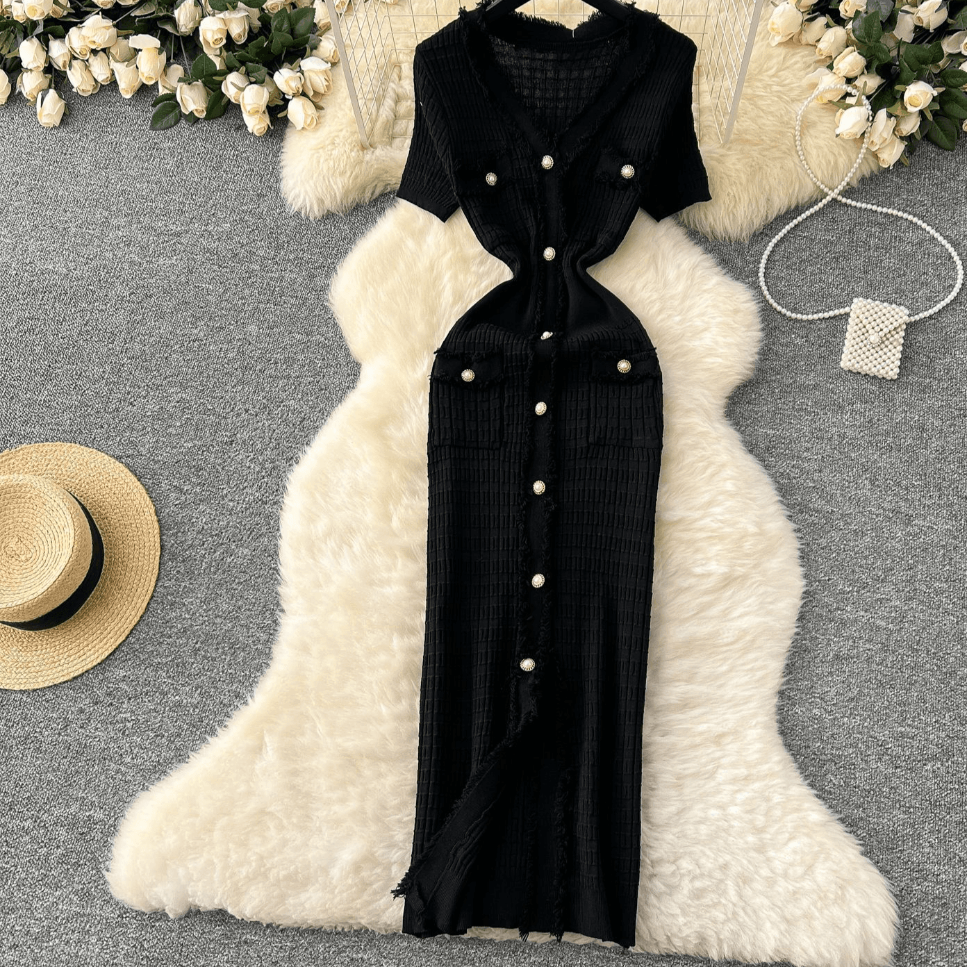 Women's Clothing Elegant Small Fragrance Style Retro V Neck Metal Single Breasted Slim Fit Temperament Hip Knitted Dress Spring