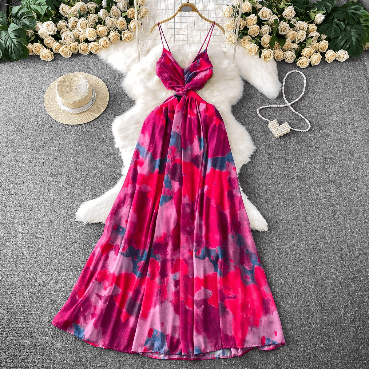 Women’s Clothing Beach Resort Style Beach Dress Feminine Design Twisted Gradient Print Waist Length Suspender Dress