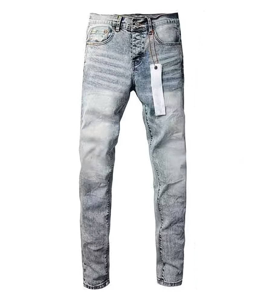 Jean violet déchiré style streetwear rétro en soie, de haute qualité et respirant, coupe ajustée, style streetwear.