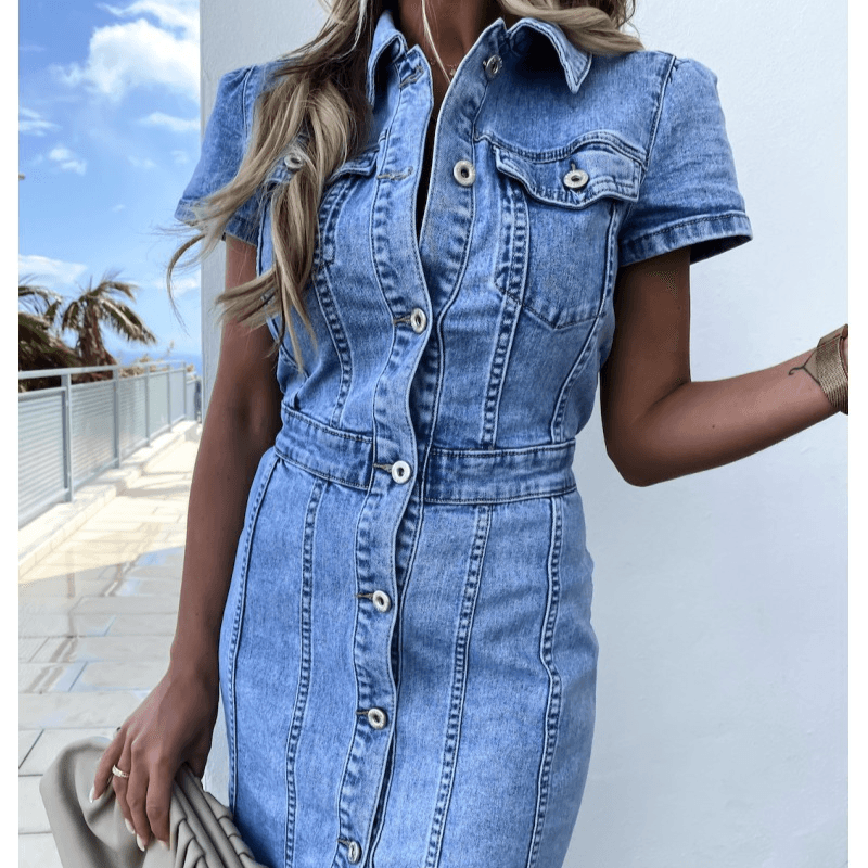 Women's stretch mid-length retro slim single-breasted hip-wrap one-step denim dress