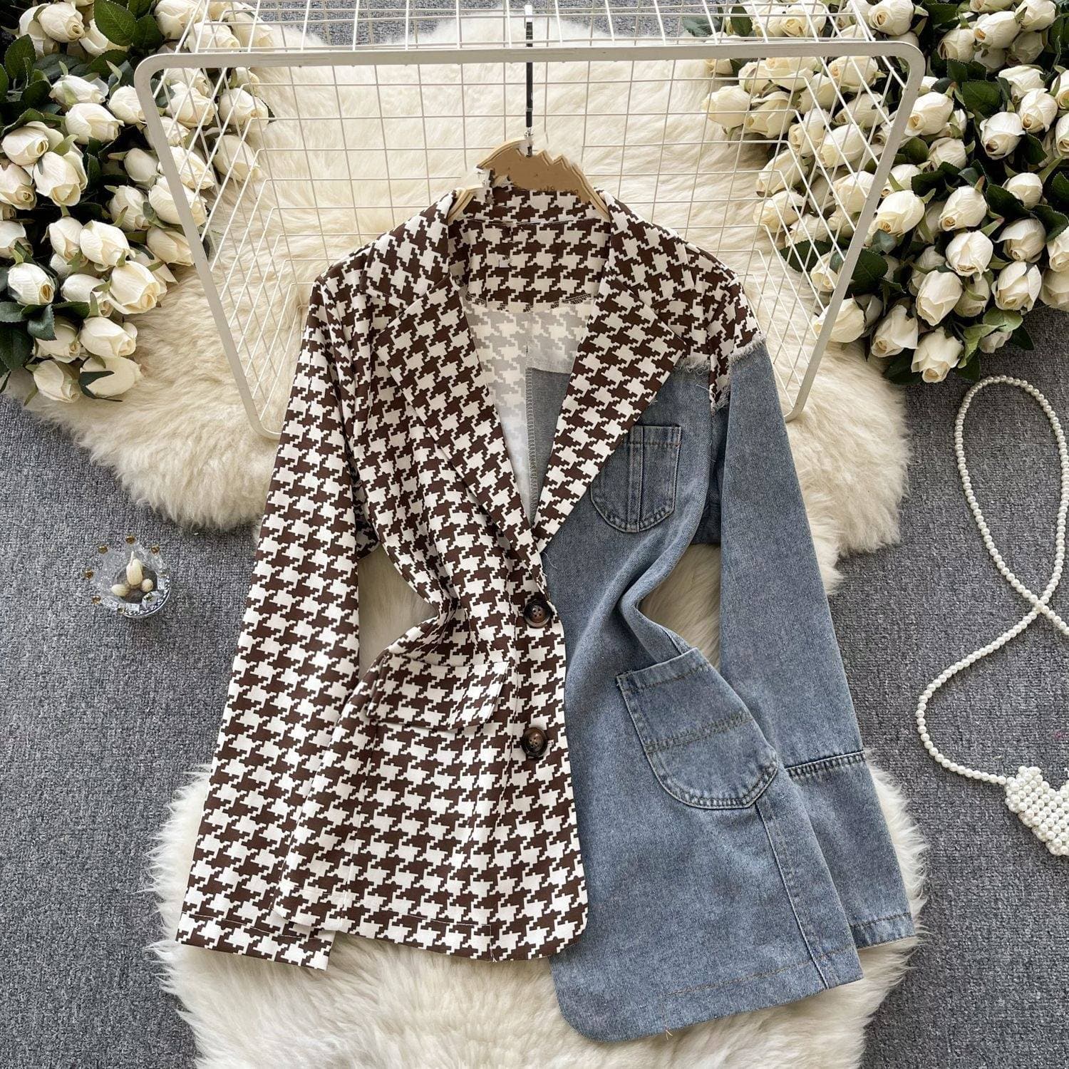 High-end suit jacket for women with irregular splicing denim design grafted with royal temperament trendy top