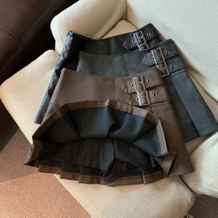 Verve Brown Leather Mini For Women 2025 Autumn New High Waist Slimming A-line Pleated Short Fashion PU Half Skirt Ins Trend
