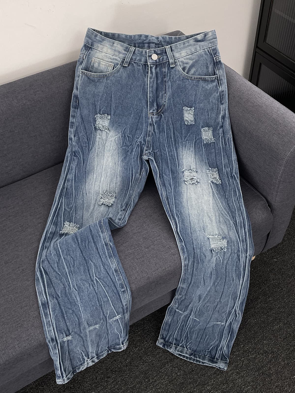 Summer Thin Ripped Jeans Men's Straight Retro Casual Fashion Brand American High Street Trend Washed Cool Pants