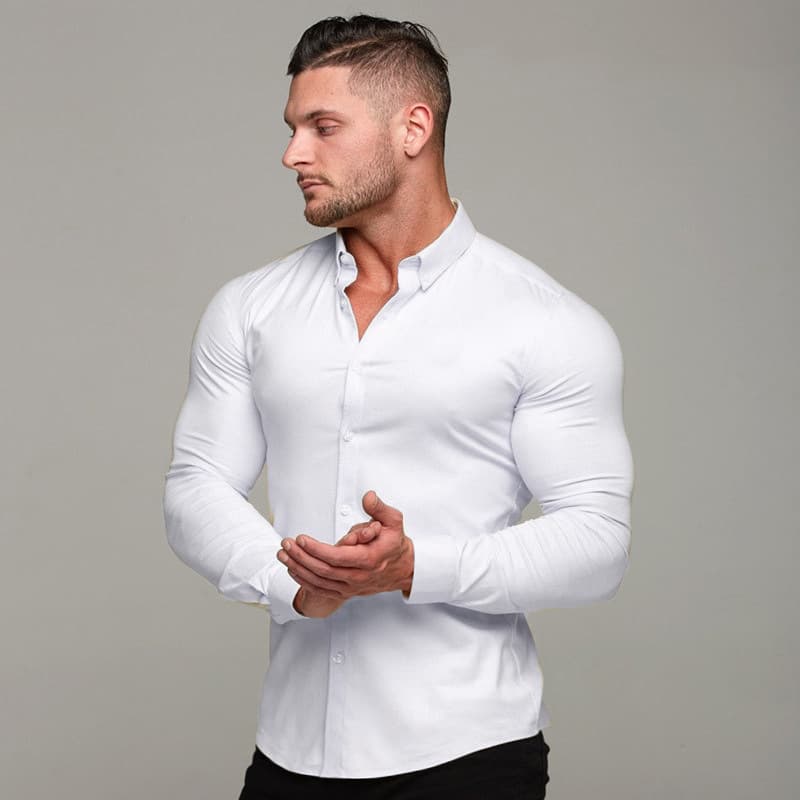 Men's Clothing Muscle Men's Fitness Long Sleeved Stand Up Collar Shirt Thin Color Sports Casual Cardigan Business Non Iron Shirt Trend