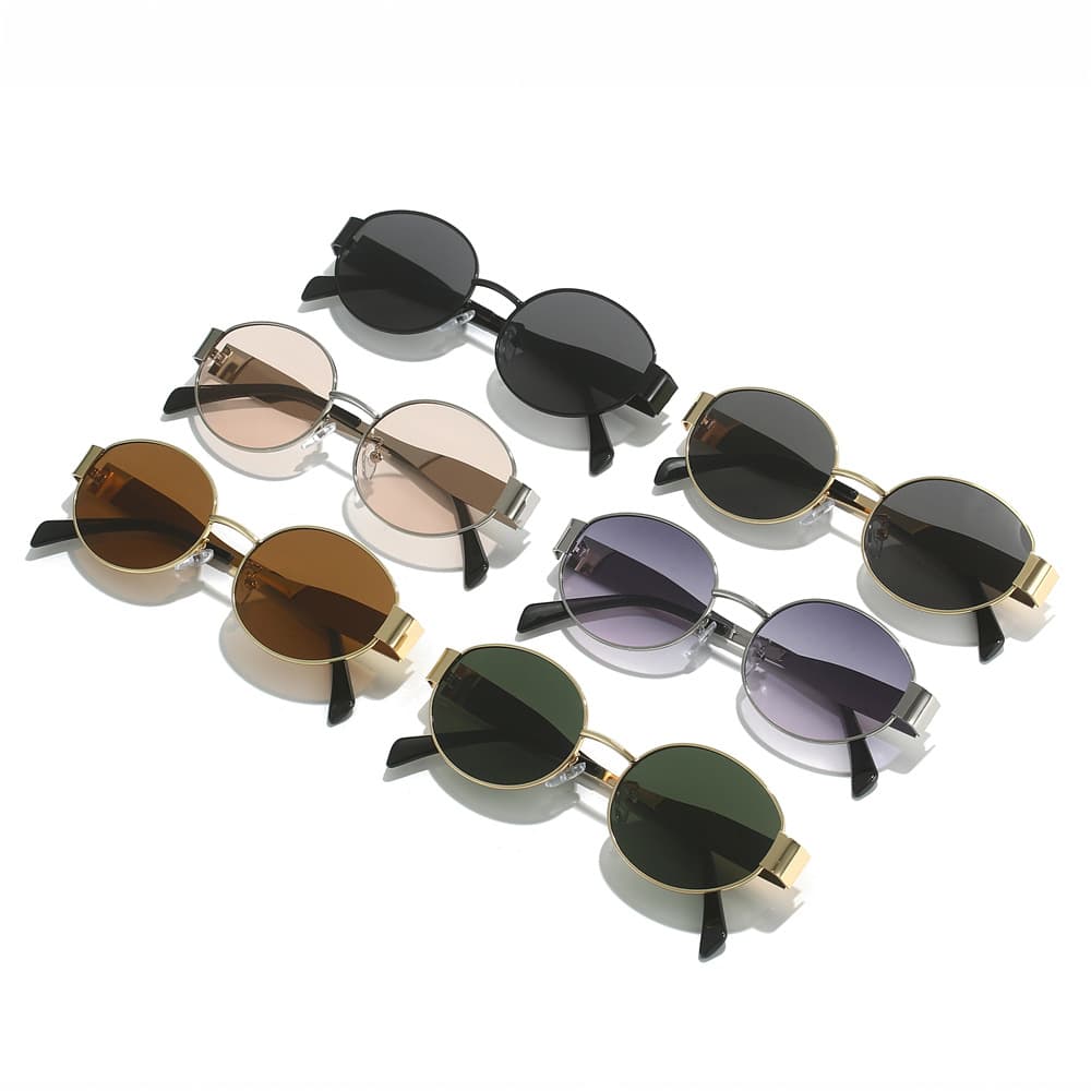 Oval Sunglasses For Men & Women - Small Round Metal Frame Fashion Shades UV400 Protection Lightweight Retro Glasses