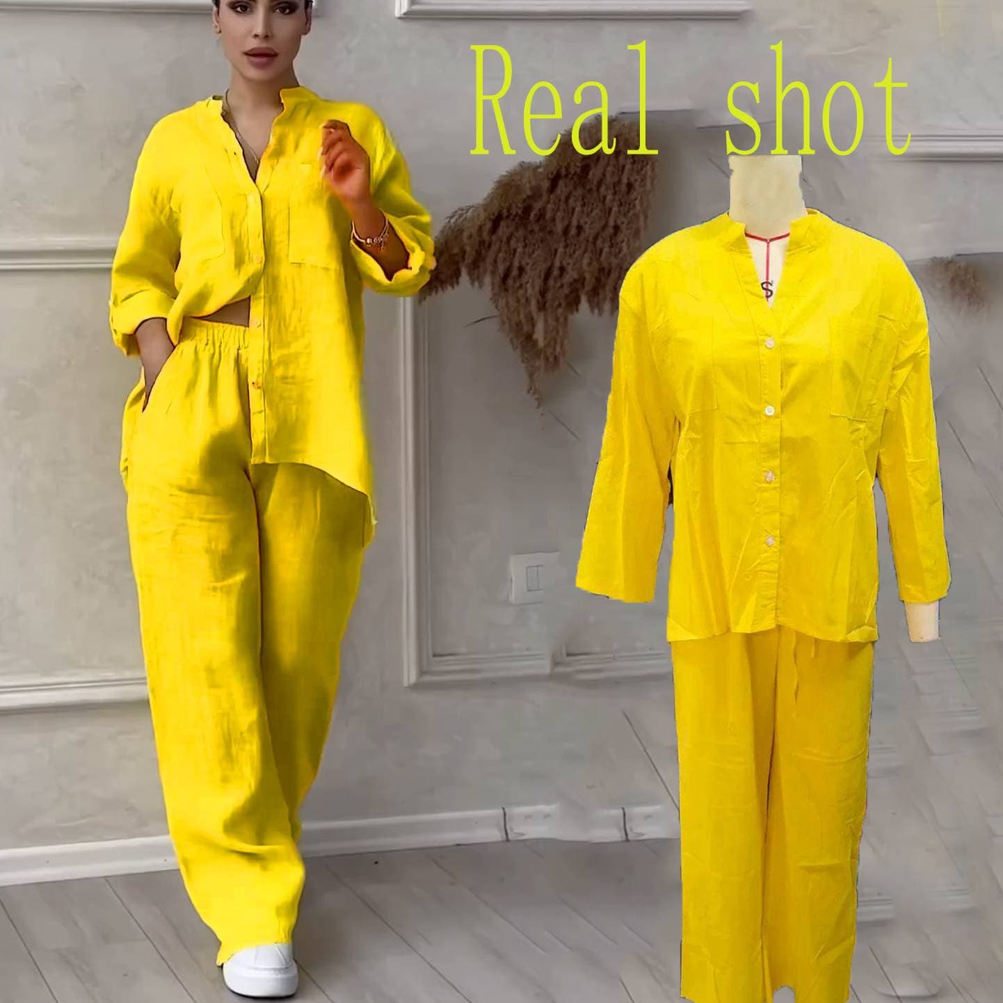 Women's Clothing Casual Cotton And Linen Solid Color Shirt Drawstring Wide Leg Pants Suit