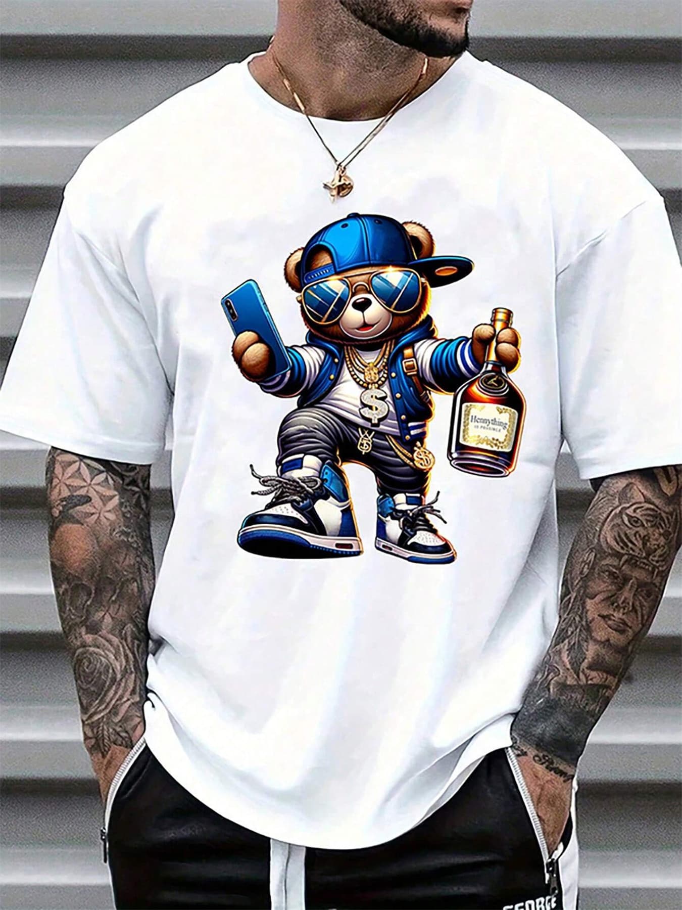 100% Pure Cotton Men's Summer Fashion Short Sleeved Cartoon Bear Printed Casual Slim Fit Versatile T-shirt Top